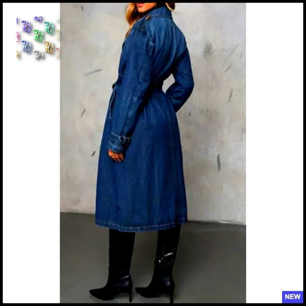 Vintage Double Breasted Denim Trench Coat Duster Blazer Jacket Belted